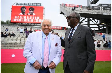 Farokh Engineer (left) and Sir Clive Lloyd share a moment in front of the newly re-named stand.
