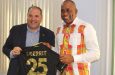 Skerrit Prime Minister Roosevelt Skerrit presents a jersey to FIFA vice-president and CONCACAF president, Victor Montagliani, during his visit to the island of Dominica on Friday