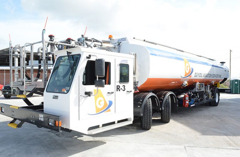 The SkyMark branded refueler truck that was commissioned on Thursday (Rabindra Rooplall photo)