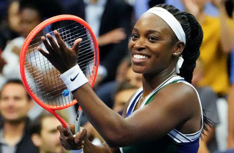 Flushing, NY, USA; Sloane Stephens of the USA celebrates after defeating Cori Gauff of the USA on day three of the 2021 U.S. Open tennis tournament at USTA Billie King National Tennis Center. Mandatory Credit: Robert Deutsch-USA TODAY Sports