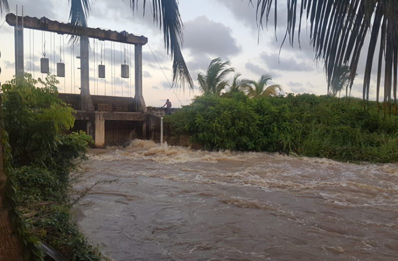 Water gushing through the broken sluice door at Golden Fleece