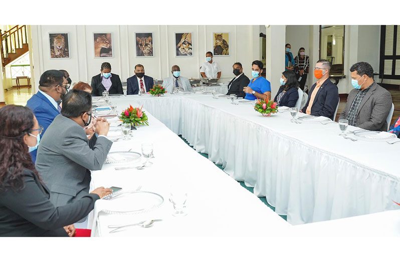 FLASHBACK! Members of the various smaller political parties engaging President Dr. Irfaan Ali, Senior Minister in the Office of the President with Responsibility for Finance, Dr. Ashni Singh and other Government ministers ahead of Budget 2021 (Office of the President photo)
