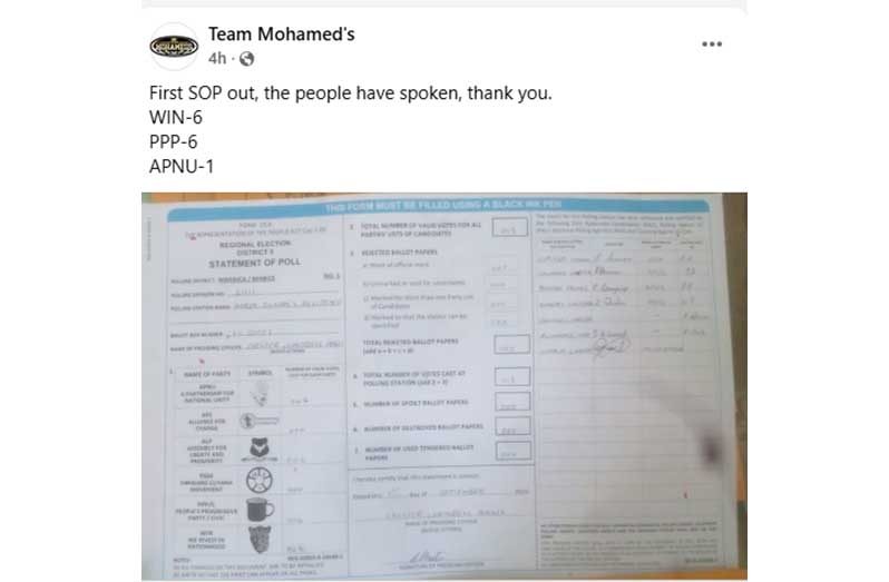 The Statement of Poll (SoP) that appeared on Team Mohamed’s Facebook page shortly after polls closed