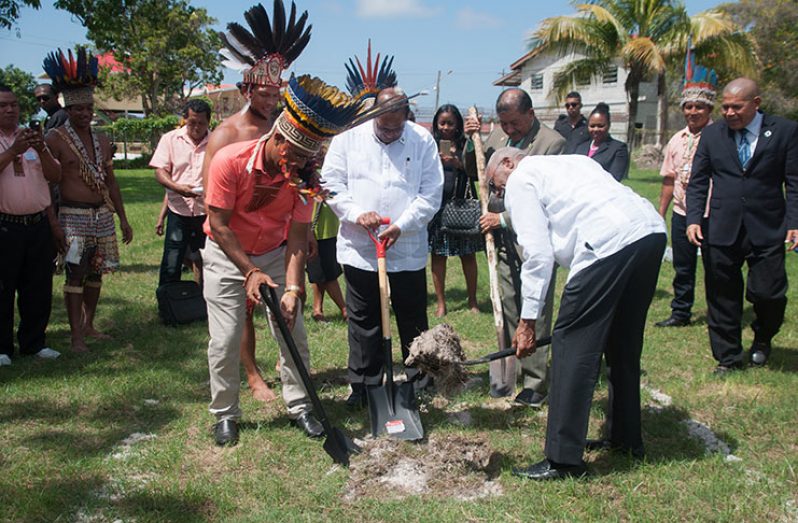President David Granger, Prime Minister Moses Nagamootoo, Minister of Indigenous Peoples’ Affairs Sydney Allicock, and NTC Chairman, Joel Fredericks turning the sod for the NTC Secretariat at the Sophia Exhibition Site (Photos by Delano Williams)