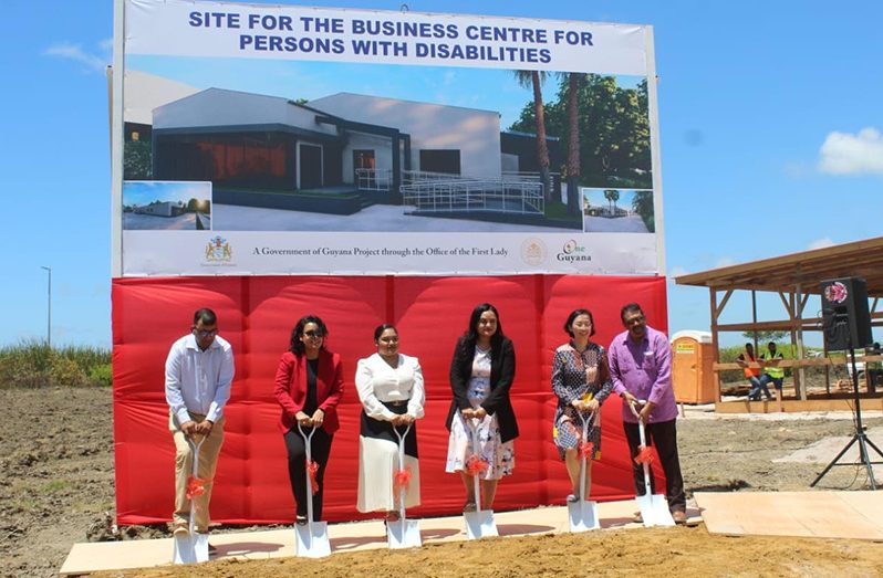 (From left) Coordinator of the Guyana Council of Organisations for Persons with Disabilities (GCOPD) Ganesh Singh; Minister within the Ministry of Housing and Water Susan Rodrigues; First Lady Arya Ali; Chinese Ambassador to Guyana, Guo Haiyan; and Region Six Chairman, David Armogan turn the sod at the proposed site for the business centre at Palmyra, Region Six (Nafeeza Yahya photo)