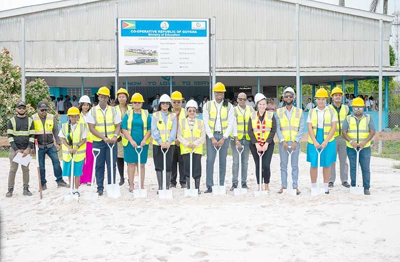 First Lady, Mrs. Arya Ali, flanked by Minister of Education, Sonia Parag; Minister within the Ministry of Culture, Youth and Sport, Steven Jacobs; Senior Education Specialist at the World Bank, Lauren Marston, and other officials on Wednesday, at the sod-turning event (Elton John Photo)