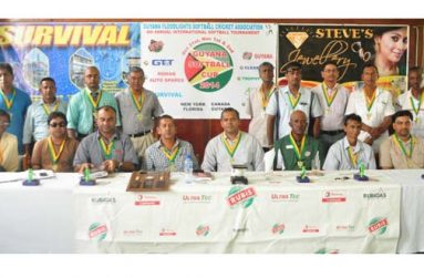 Members of the GFSCA, along with Minister of Sport Dr Frank Anthony and sponsors, at the launching of the 4th Guyana Softball Cup tournament at the GCC ground