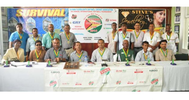 Members of the GFSCA, along with Minister of Sport Dr Frank Anthony and sponsors, at the launching of the 4th Guyana Softball Cup tournament at the GCC ground
