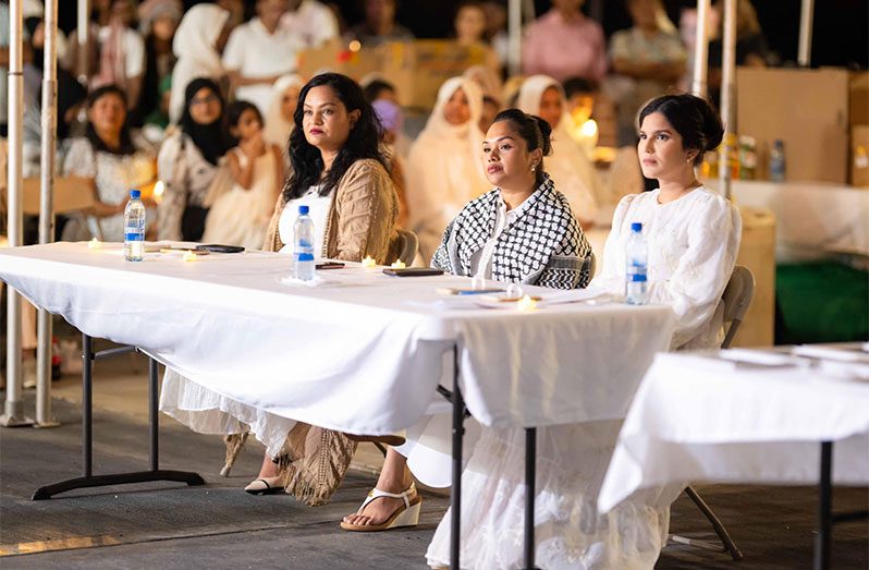 Chairman of the Guyana Solidarity Movement with Palestine (GSMP), Hana Dmitriyev (right) next to First Lady Arya Ali and Minister of Human Services and Social Security, Dr Vindhya Persaud at the event, held at the Kingston Seawall Esplanade on Saturday evening