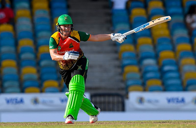 Sophie Devine of Guyana Amazon Warriors hits a 6 to bring up her century during the Women's 2023 Republic Bank Caribbean Premier League match 1 between Barbados Royals and Guyana Amazon Warriors at Kensington Oval on August 31, 2023 in Bridgetown, Barbados (Photo by Randy Brooks/CPL T20 via Getty Images)