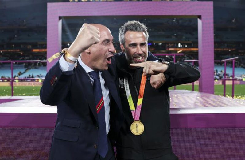 Luis Rubiales (left) and Jorge Vilda celebrated together in the aftermath of the former's kiss on Hermoso, which the player has confirmed was non-consensual