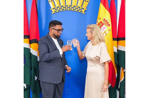 President Dr. Irfaan Ali and newly appointed Non-Resident Ambassador of the Kingdom of Spain to Guyana, Maria Cristina Perez Gutiérrez, share a toast during the official ceremony at the Office of the President