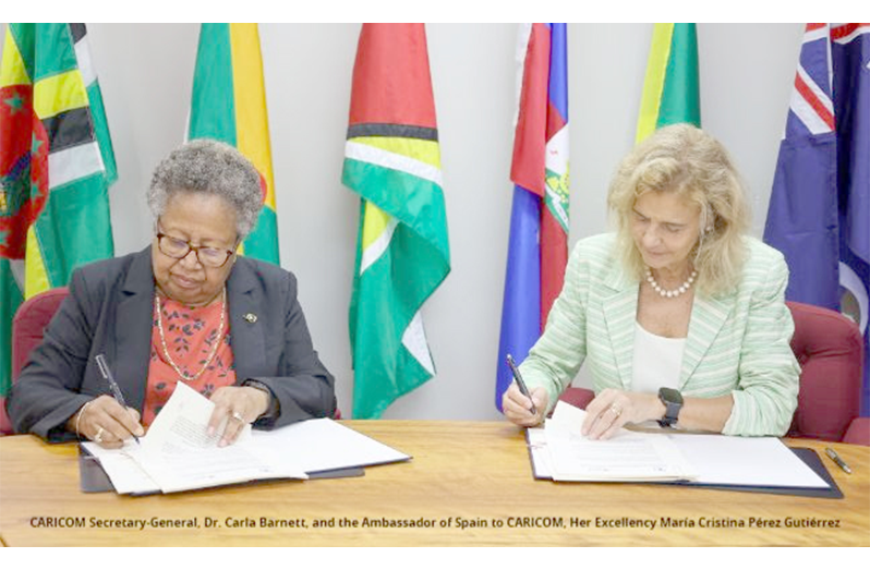 CARICOM Secretary-General, Dr Carla Barnett and the Ambassador of Spain to CARICOM, María Cristina Pérez Gutiérrez