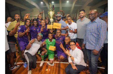 President Ali and other Government Officials with the Sparta Boss team that won the first-ever Kashif and Shanghai/One Guyana National Futsal Championship