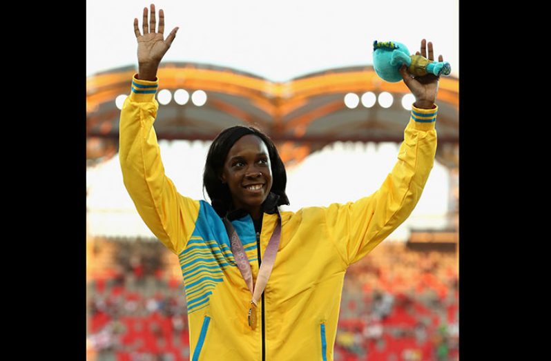 St Lucian high jumper Levern Spencer celebrates her country’s first Commonwealth Games gold.