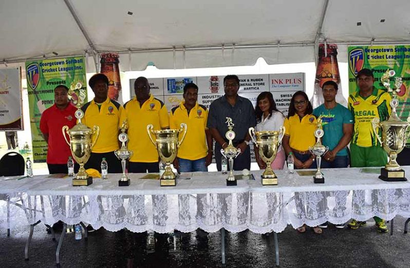 Minister of Public Security Khemraj Ramjattan (centre) with sponsors and representatives of the Georgetown Softball Cricket League at the launch at Everest Cricket Club on Sunday