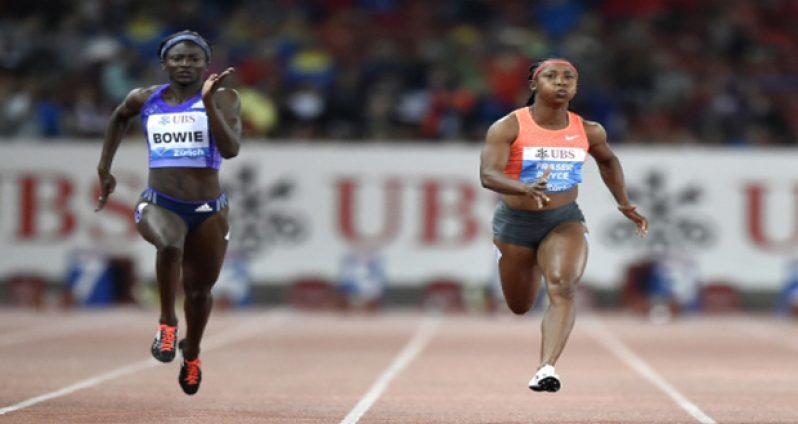 Jamaica’s Shelly-Ann Fraser-Pryce (R) powers away from USA’s Tori Bowie in the Diamond League.