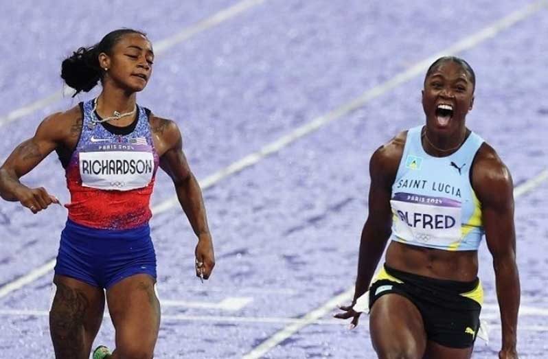 St Lucia’s 100m Olympic champion, Julien Alfred (right) and American silver medallist, Sha’Carri Richardson, set to renew their rivalry today.