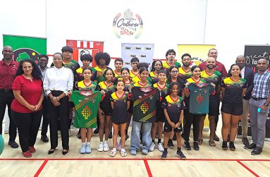 Guyana’s confident Squash team with GSA’s officials and sponsors at the National Raquette Centre (Sean Devers photo)