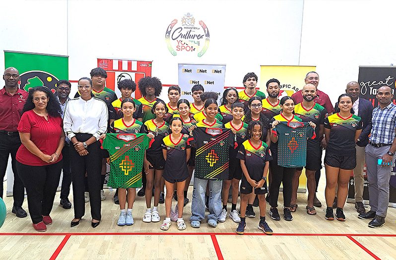 Guyana’s confident Squash team with GSA’s officials and sponsors at the National Raquette Centre (Sean Devers photo)