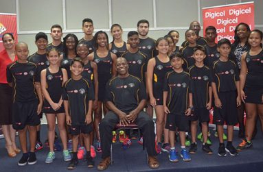 The Guyana 2016 junior squash team with team coach, Carl Ince (sitting), Digicel’s Sponsorship and Events Manager, Luanna Abrams (second from right), and Ansa McAl Smalta Brand Manager, Anjeta Hinds (left).