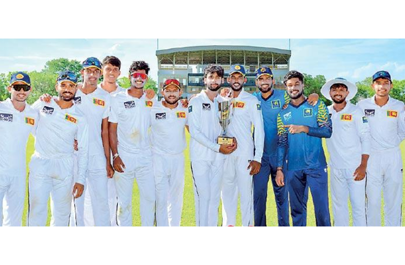 Sri Lanka Emerging Players pose with the winners’ trophy after capturing the two-match ‘Test’ series against West Indies Academy 1-0