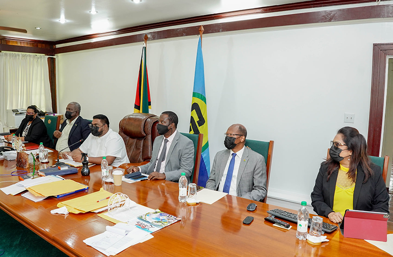 President Dr. Irfaan Ali; Prime Minister Brigadier (Ret'd) Mark Phillips; Minister of Foreign Affairs and International Cooperation, Mr. Hugh Todd; Permanent Secretary in the Foreign Affairs Ministry, Ambassador Elisabeth Harper; Acting Cabinet Secretary, Ms. Marcia Nadir-Sharma; and Director of the Department of the Americas, Ministry of Foreign Affairs, Ambassador George Talbot during a Special Emergency Meeting of CARICOM Heads of Government on Thursday (Office of the President photo)