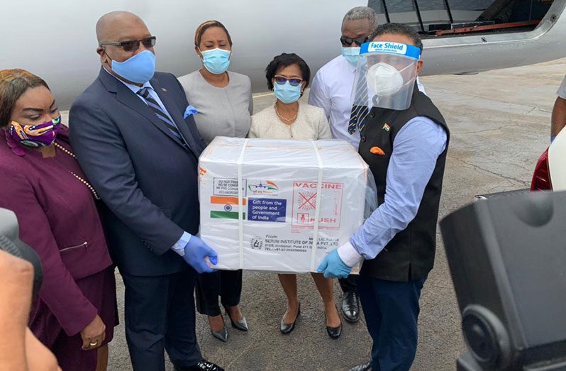 Prime Minister of St. Kitts and Nevis, Timothy Harris, along with Dr. K.J. Srinivasa, High Commissioner of India, received the consignment of doses of vaccine, in a special ceremony held at Robert L. Bradshaw International Airport