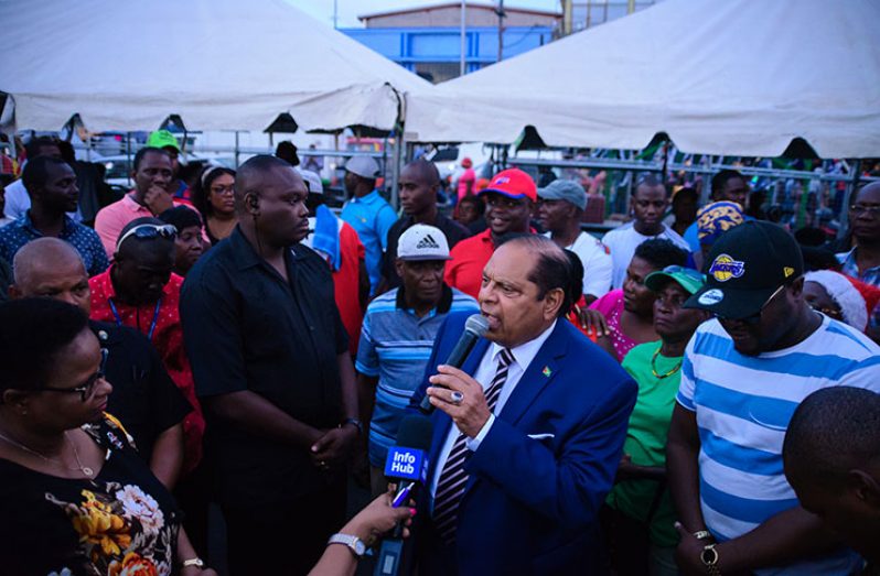 Prime Minister Moses Nagamootoo addressing the crowd at Stabroek  [Delano Williams photos]