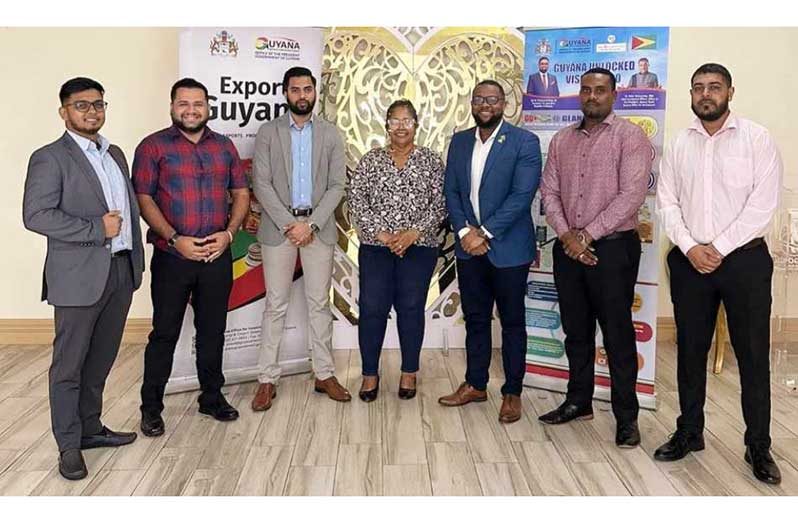 Regional Chairperson, Vilma De Silva (centre), flanked by stakeholders including Tebogah Christian, Chief Financial Officer of the Guyana Office for Investment; Head of Marketing, Syeid Ibrahim; Technical Officer, Latchman Mootoosammi; Head of Certification, Keon Ramkin; Marketing Officer, George De Freitas and Arvinda Ramcharan, Senior Economic Analyst from Office of Go Investment