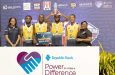 From right: Edge Series head Chelsea Edghill, Renegades players- Nikkoloi Smith, Harold Adams, Travis Belgrave and Shelroy Thomas and Republic Bank Marketing and Communications Manager, Jonelle Dummett