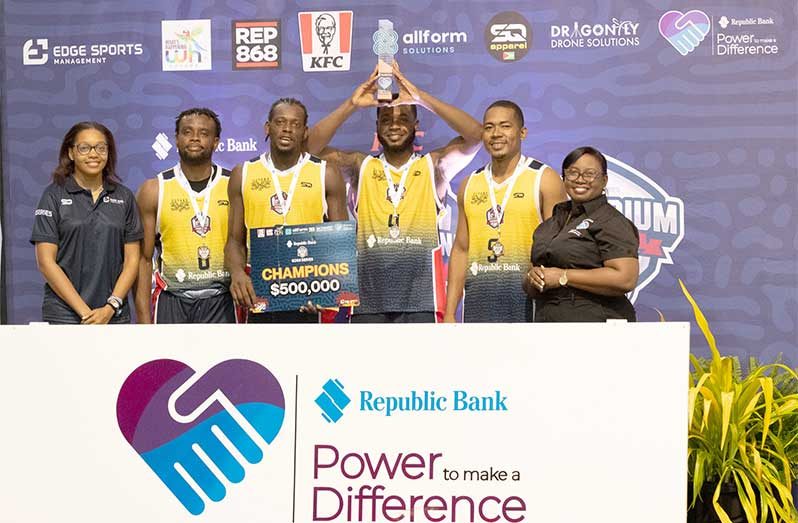 From right: Edge Series head Chelsea Edghill, Renegades players- Nikkoloi Smith, Harold Adams, Travis Belgrave and Shelroy Thomas and Republic Bank Marketing and Communications Manager, Jonelle Dummett