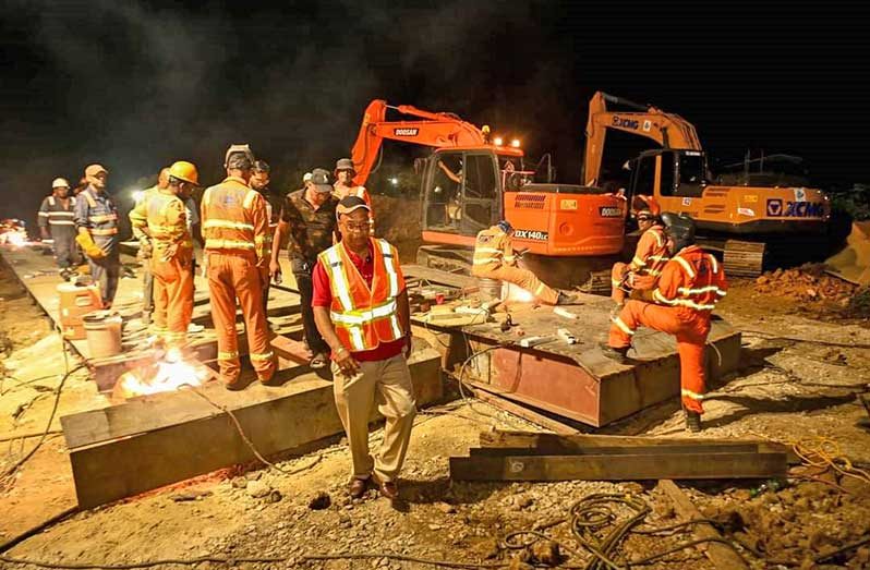 Minister of Public Works Bishop Juan Edghill inspected works on the Stanleytown Bridge Sunday evening