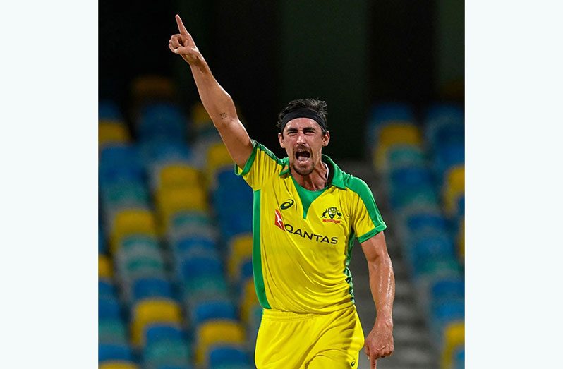 Australia’s Mitchell Starc celebrates after dismissing captain Kieron Pollard cheaply in Monday’s third ODI at Kensington Oval.