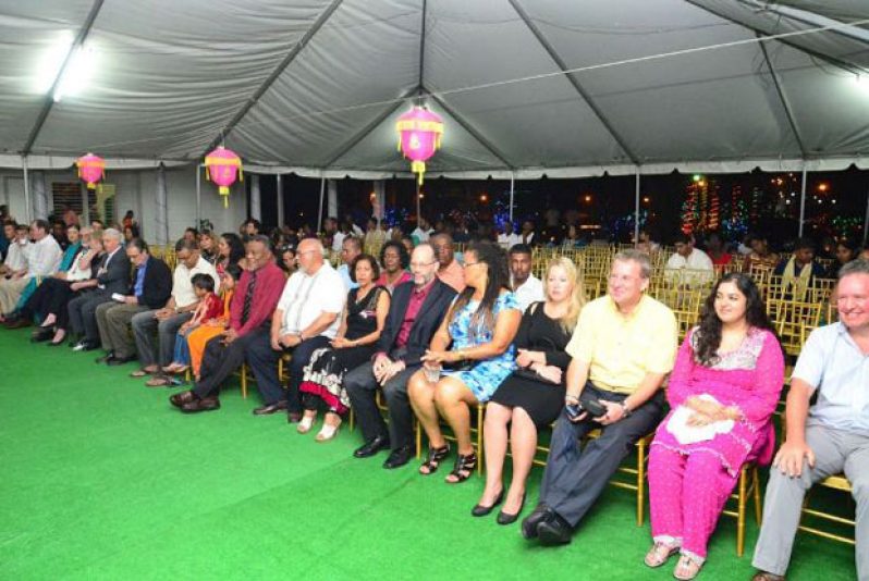 Prime Minister Sam Hinds, Caricom Secretary General Irwin LaRocque and British High Commissioner Andrew Ayre among Cabinet ministers, government officials and members of the diplomatic community at the Diwali observance at State House hosted by President Donald Ramotar and First Lady Deolatchmee Ramotar, on Sunday.