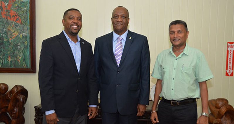 President of the West Indies Cricket Board (WICB), Mr Dave Cameron (left) on Wednesday paid a courtesy call on the Hon. Minister of State, Mr Joseph Harmon at the Ministry of the Presidency. Mr Cameron was accompanied by Secretary of the Guyana Cricket Board and Director of the WICB Mr Anand Sanasie (right).