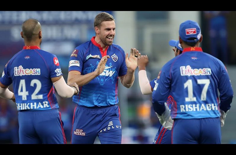 Anrich Nortje bowled with serious heat in his first game of the season. (BCCI)