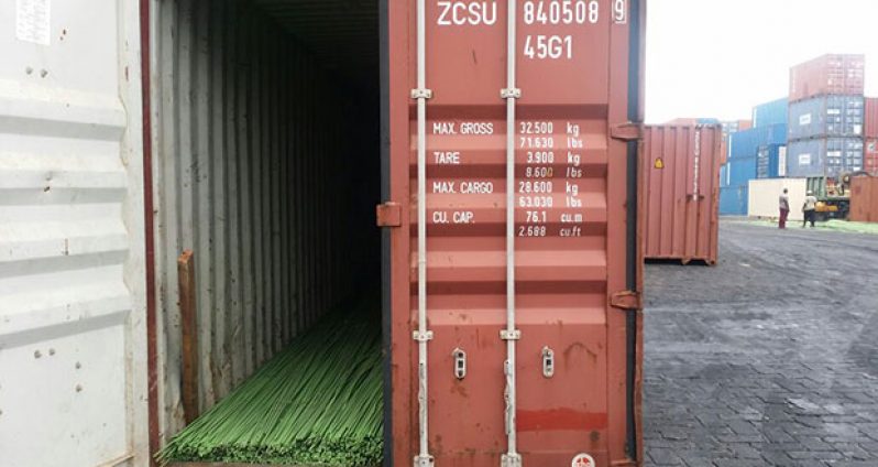 One of the eight SECL containers transporting steel rods which lie at the John Fernandes wharf
