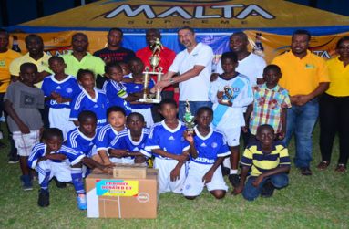 The victorious Stella Maris Primary School after winning the Petra Organisation/COURTS Pee Wee U-11 Football tournament. Stella Maris defeated former champions St Pius Primary 2-0 on penalty kicks after the two schools finished regulation and extra time goalless. (Adrian Narine photo).