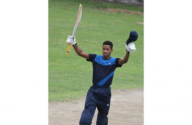 Stephan Browne celebrates after scoring his century.