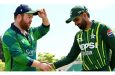 Ireland skipper Paul Stirling (left) shakes hands with Pakistan Captain Babar Azam at the start of the current T20 series
