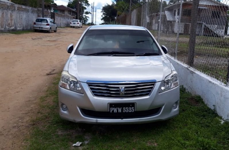 Kwame Sinclair’s car which was abandoned near the Guyana Defence Force Camp Stephenson base at Timehri on Friday by thieves.