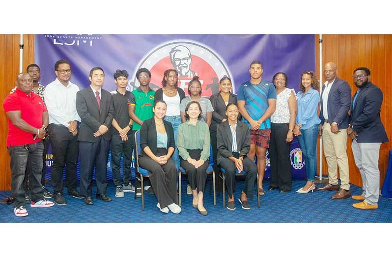 Seated from left: Sadia Strand, Marketing Director of KFC Guyana; Her Excellency Guo Haiyan, Ambassador of the Republic of China to Guyana and Olympian Chelsea Edghill (Japheth Savory photo)