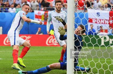 Jamie Vardy of England scores his side's first goal during the UEFA Euro 2016 Group B match between England and Wales at Stade Bollaert-Delelis yesterday in Lens, France.