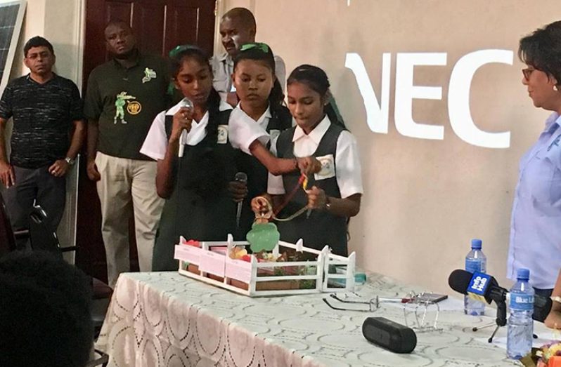Students of Bygeval Secondary School demonstrate the use of technology to test soil moisture content