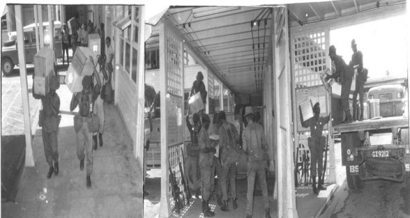 A CRYING SHAME’: Members of the Guyana Defence Force taking away ballot boxes for their ‘safekeeping’ during the 1973 elections