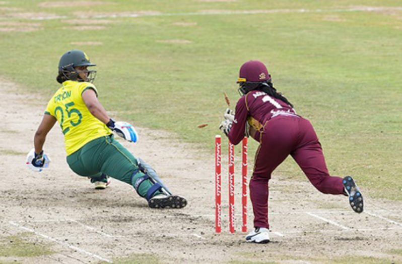 Merissa Aguilleira pulls off a quick stumping to send the dangerous captain Chloe Tryon on her way in Monday’s opening Twenty20 International. (Photo courtesy CWI Media)