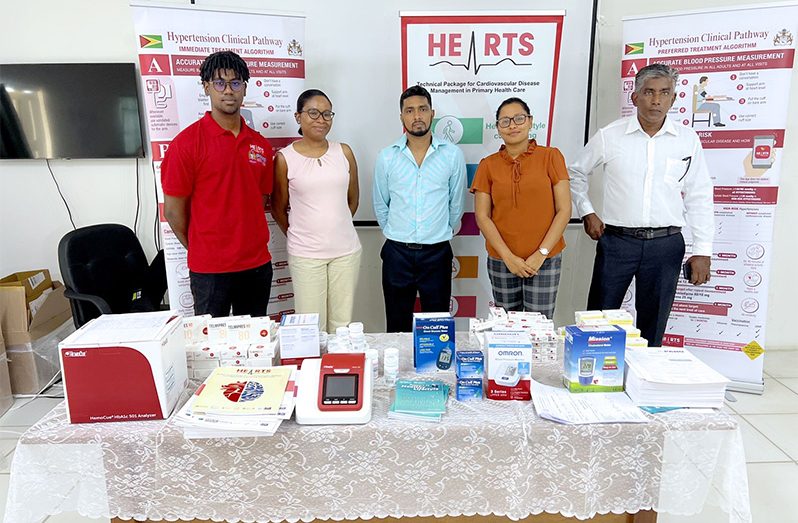 Coordinator of Chronic Diseases at the Ministry of Health, Dr. Michel Pereira (centre) and other officials at the launch of the HEARTS initiative at the Suddie Hospital