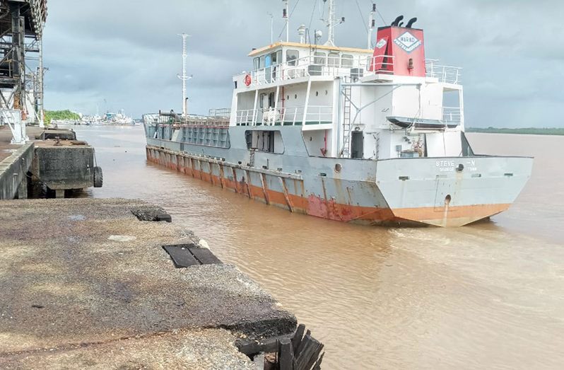 A boat docked at the Demerara Sugar Terminal at Ruimveldt