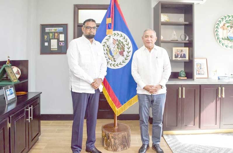 Belize Prime Minister John Briceño and Guyana’s President Dr Irfaan Ali before the sitting of the Belizean National Assembly
